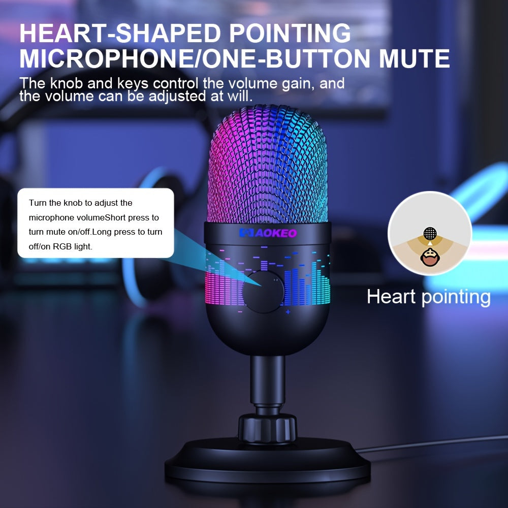AOKEO Premium USB Gaming Microphone - Ideal for Live Streaming, Podcasting & Recording | Compatible with Mac/PS4/PS5 | RGB Lighting, One-Click Mute, Noise Reduction, Headphone Jack