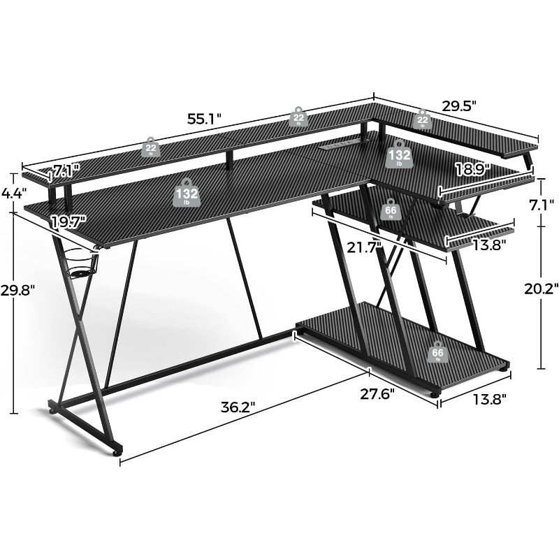 L Shaped Gaming Desk with LED Lights & Power Outlets, 63 Reversible Corner Desk with Storage Shelf, Computer Desk with Monitor Stand, Gaming Table with Cup Holder, with Hooks, Black