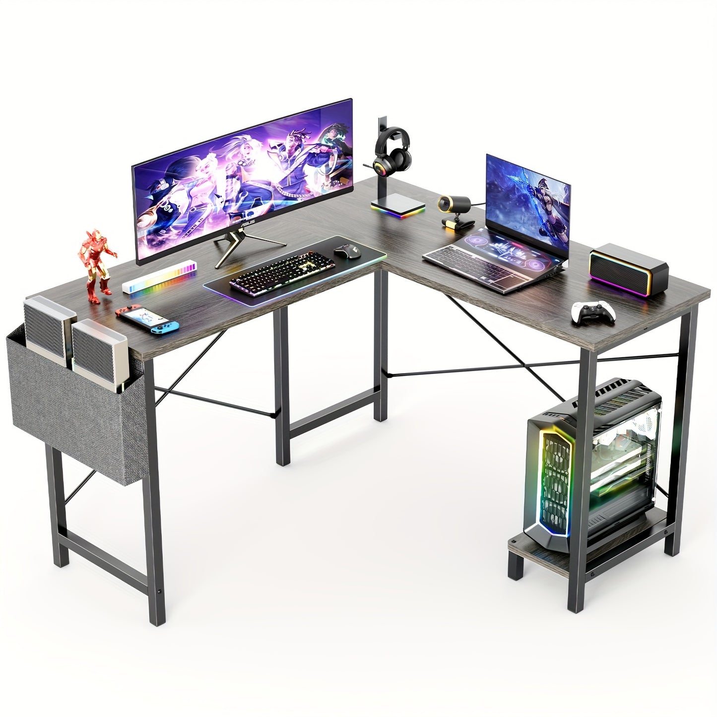 L Shaped Computer Desk - Gaming Table Corner Desk 50 Inch PC Writing Black Desk Study Desks with Wooden Desktop CPU Stand Side Bag Reversible for Home Office Dorm Small Space