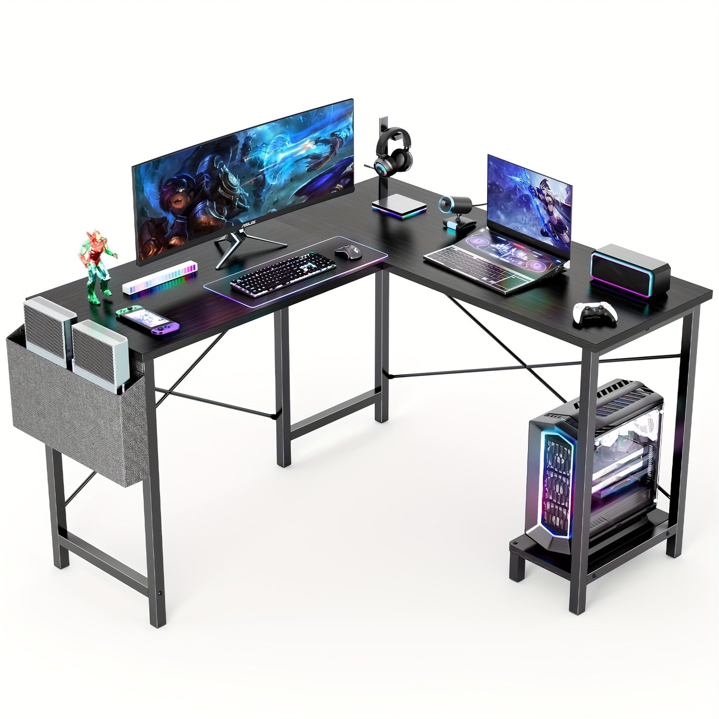 L Shaped Computer Desk - Gaming Table Corner Desk 50 Inch PC Writing Black Desk Study Desks with Wooden Desktop CPU Stand Side Bag Reversible for Home Office Dorm Small Space