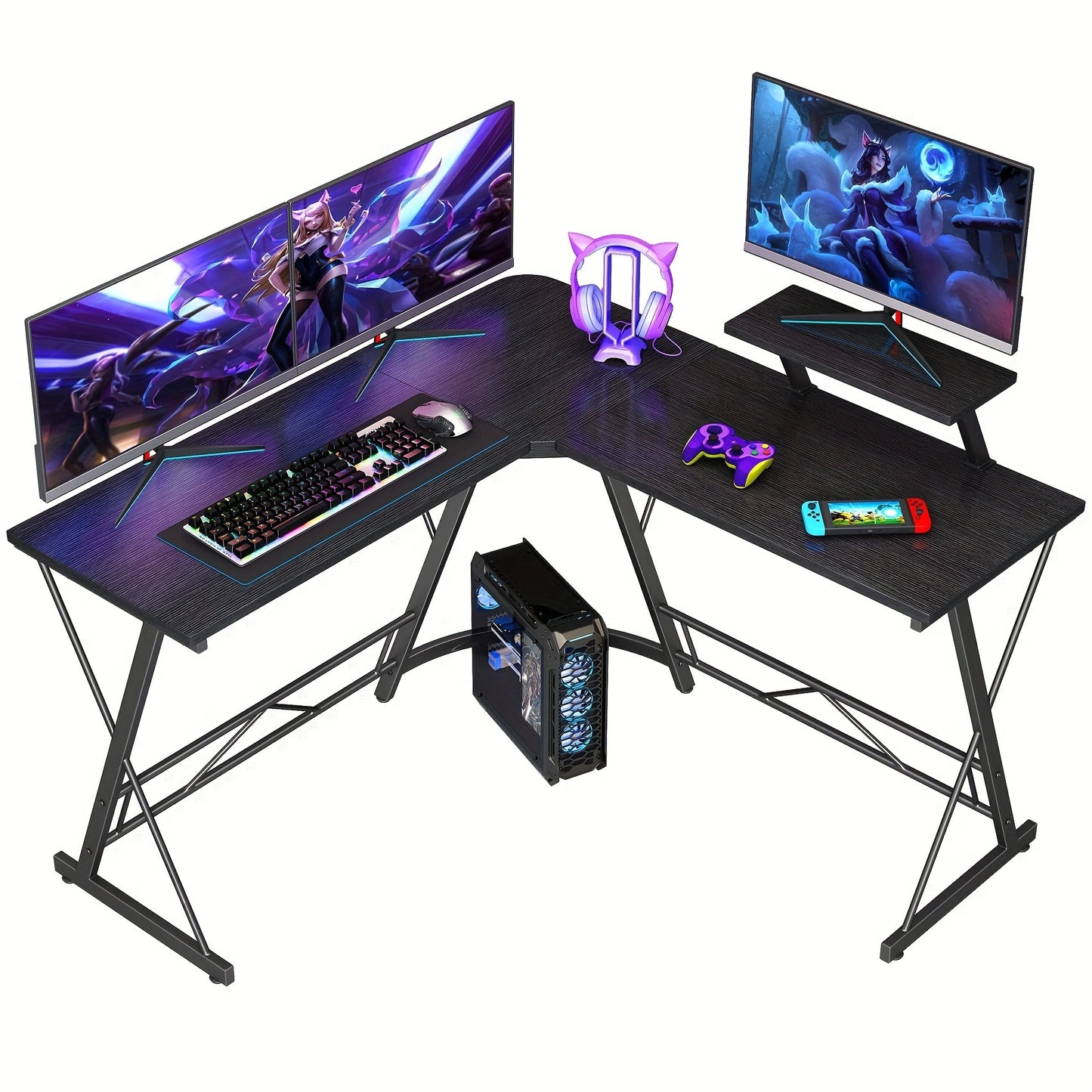 New Year Gift 51-inch L-shaped Gaming Table, Corner Computer Table With Large Monitor Stand And Carbon Fiber Surface, Black