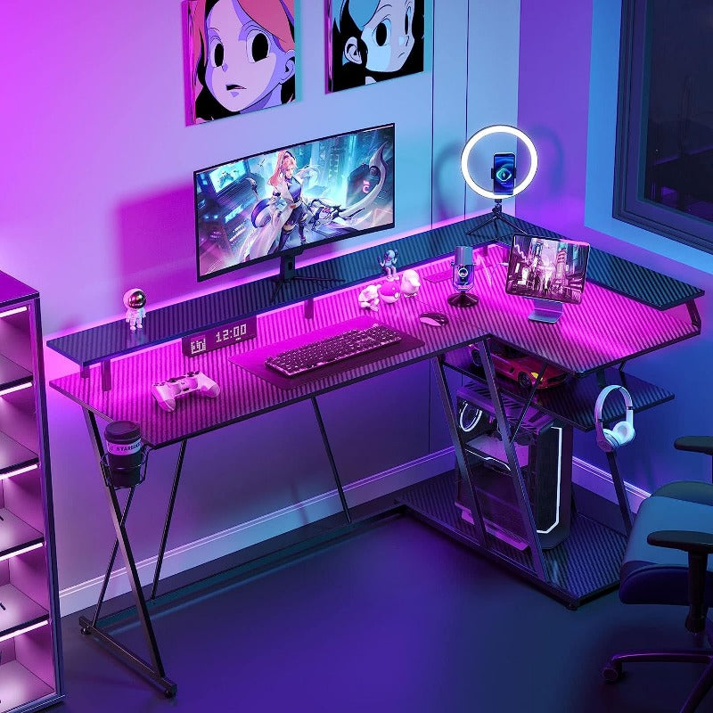 L Shaped Gaming Desk with LED Lights & Power Outlets, 63 Reversible Corner Desk with Storage Shelf, Computer Desk with Monitor Stand, Gaming Table with Cup Holder, with Hooks, Black