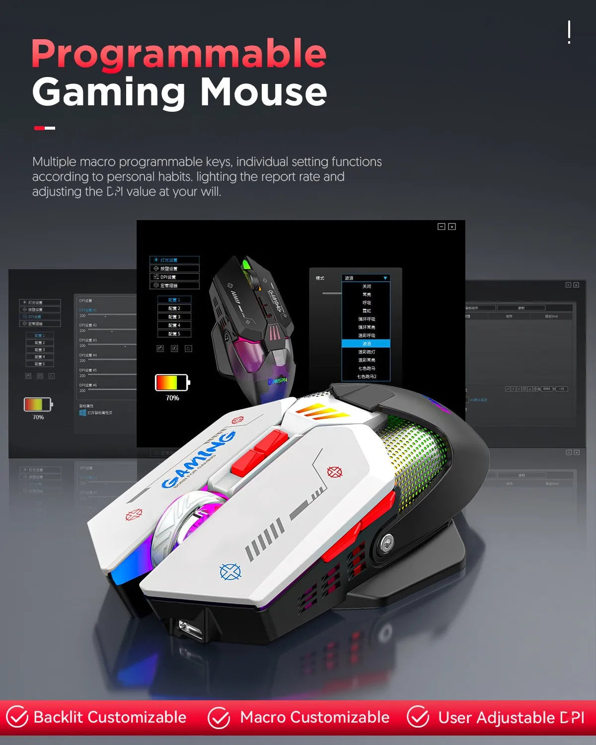 Ergonomic Wireless Programmable Gaming Mouse  Wired 2.4G Dual Mode RGB Backlit Gamer Mouse for PC Laptop/Desktop