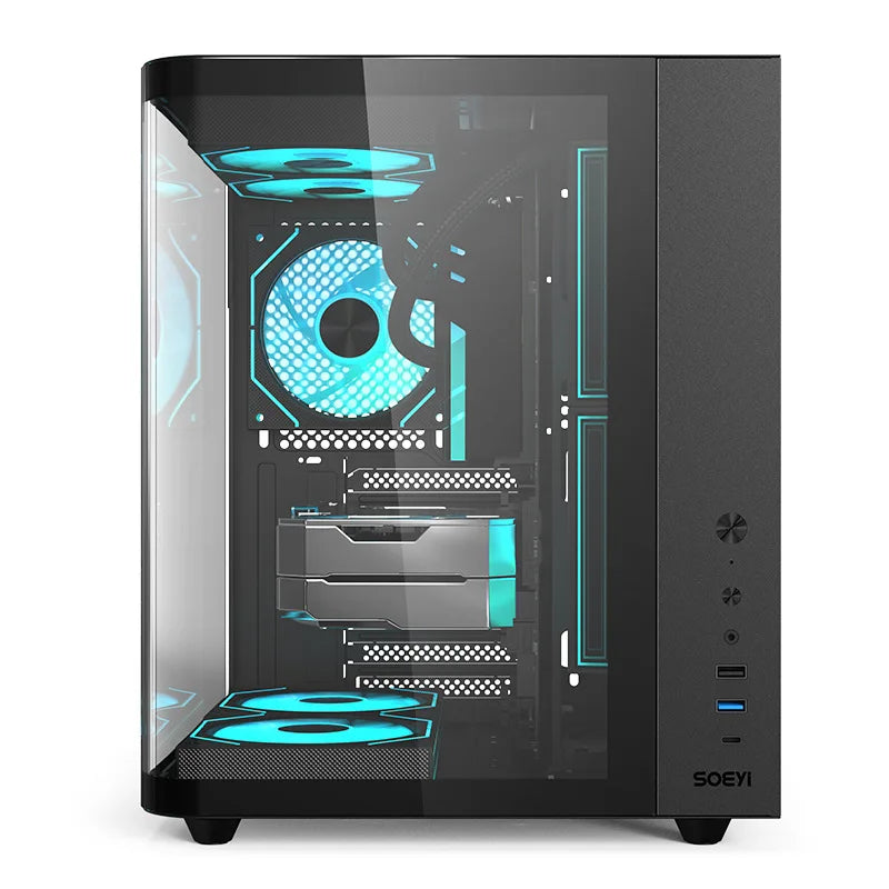 CH2+ M-ATX Mid Tower Curved Desktop Metal Glass Gaming Computer Case ESports Full-Transparent Sea View Water Cooling Stock