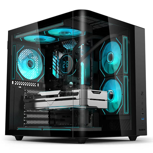 CH2+ M-ATX Mid Tower Curved Desktop Metal Glass Gaming Computer Case ESports Full-Transparent Sea View Water Cooling Stock