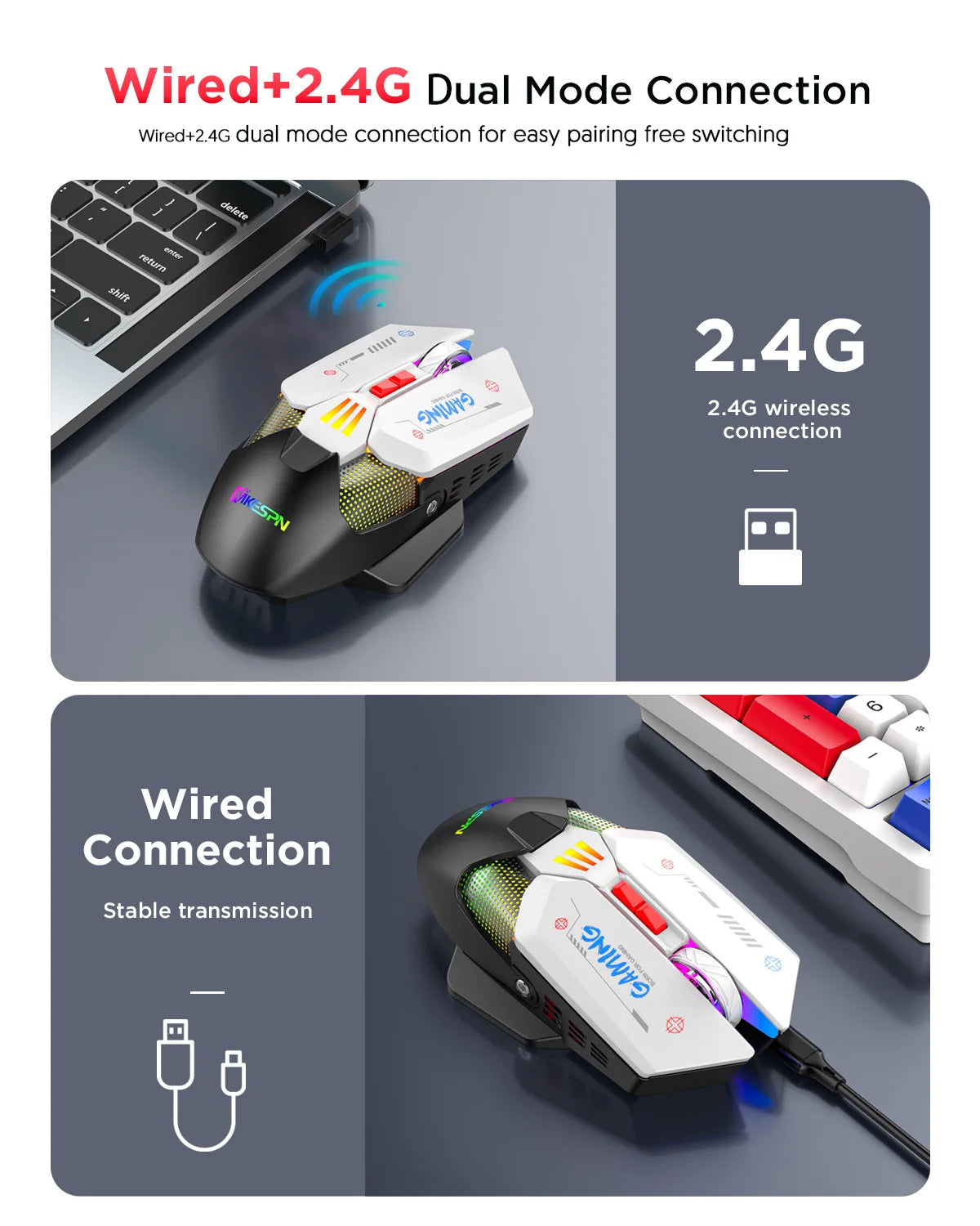 Ergonomic Wireless Programmable Gaming Mouse  Wired 2.4G Dual Mode RGB Backlit Gamer Mouse for PC Laptop/Desktop