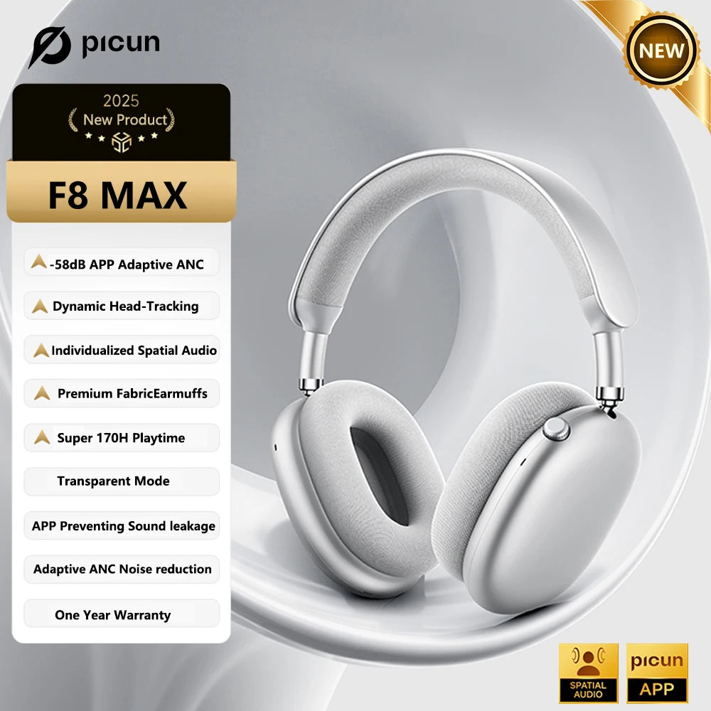 Picun F8 Pro ANC Wireless Headphones 3D Spatial Audio Head Tracking -52dB ANC HIFI Bluetooth Headset ENC HD Mic Low-Latency APP