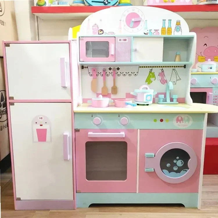 100cm Large Kids Play House Wooden Kitchen Toy Kitchen Set Simulation Refrigerator Kitchen Kit Early Education Gift Girls Toys
