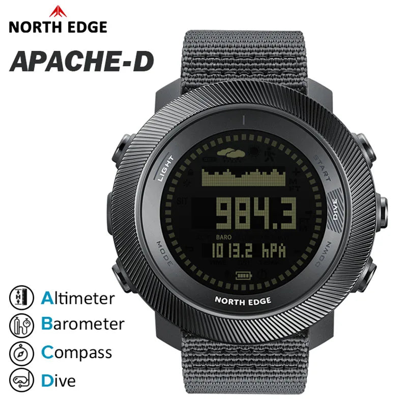 NORTH EDG NEW APACHE-D Men's Digital Free Dive Watch Outdoor Sport Watches Altitude Barometer Compass World Time Waterproof 100M