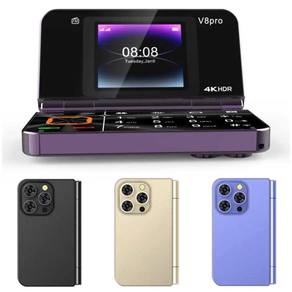 For V8pro Dual Screen Folding Flip Feature Phone 2G Elderly Foreign Language Mobile Phone Large Button Flashlight
