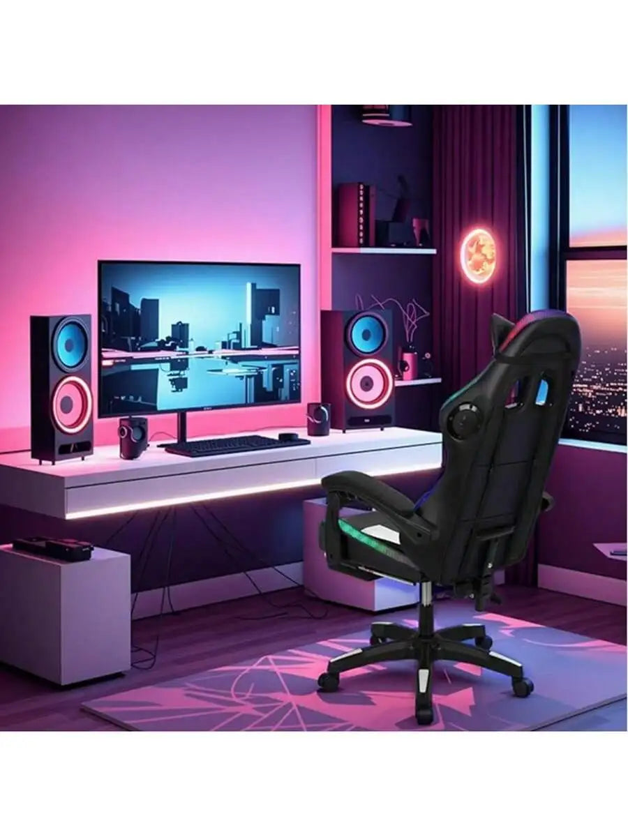 Racing Style Gaming Chair | Black & Blue Dual-Tone, Ergonomic Lumbar Support & Retractable Footrest | 360° Swivel, Full Recline,