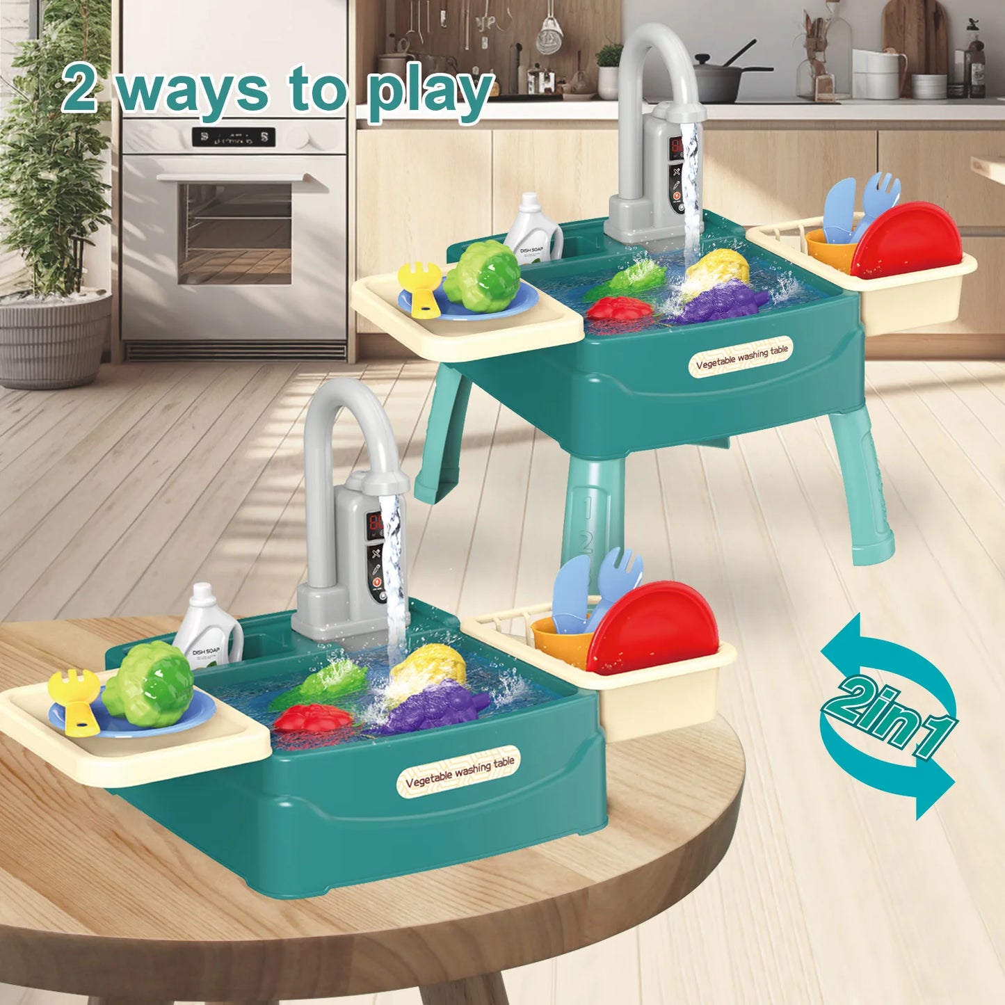 Play Sink with Running Water Kitchen Sink Toys with Electric Faucet Water Table Floating Pool Dishwasher Set for Toddler Girl
