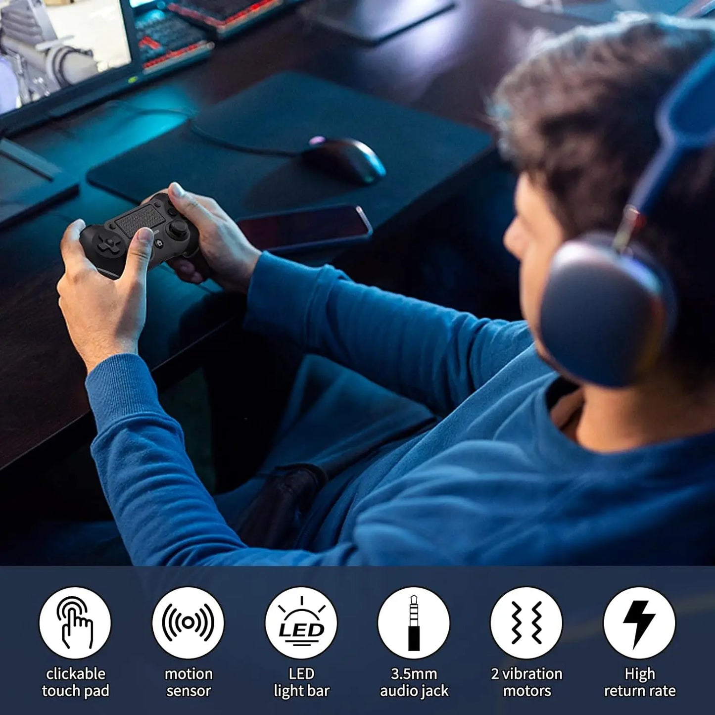 Wireless Controller For PS4, Black ps4 controller with Dual Vibration/ 6-Axis Motion Sensor/Audio Jack/Touch Pad/Share Button