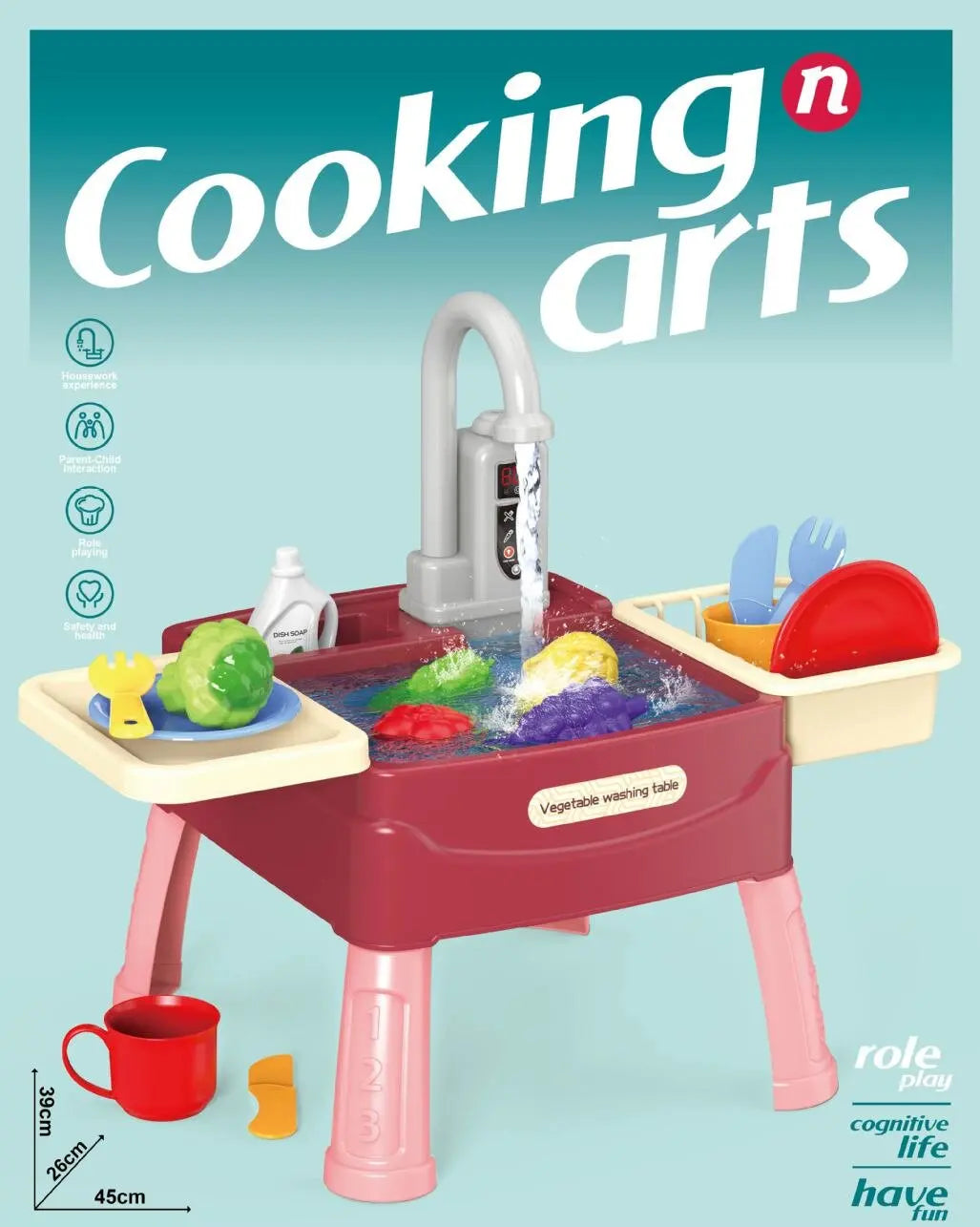 Play Sink with Running Water Kitchen Sink Toys with Electric Faucet Water Table Floating Pool Dishwasher Set for Toddler Girl