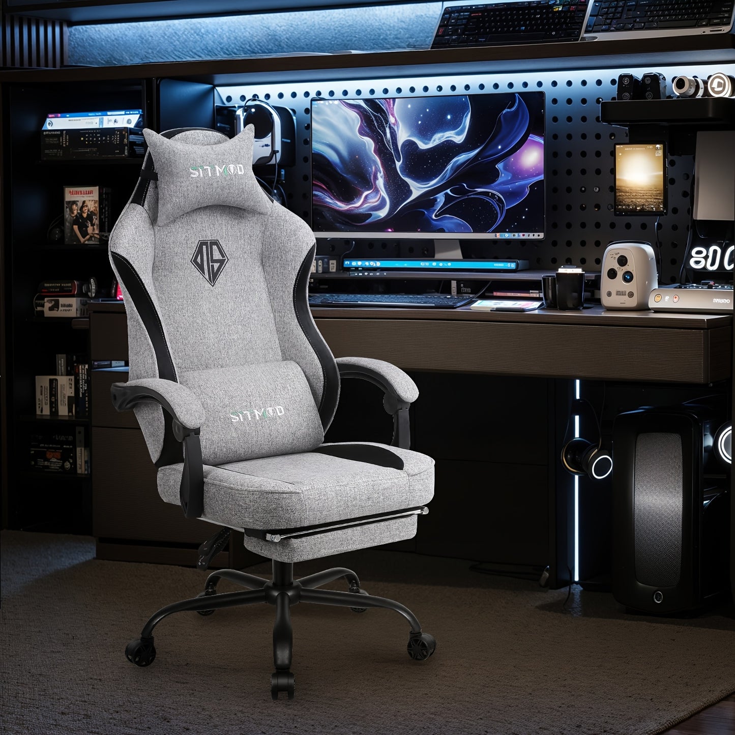 SITMOD Gaming Chairs For Adults With Footrest-Computer Ergonomic Video Game Chair-Backrest And Seat Height Adjustable Swivel Task Chair With Headrest And Lumbar Support Fabric