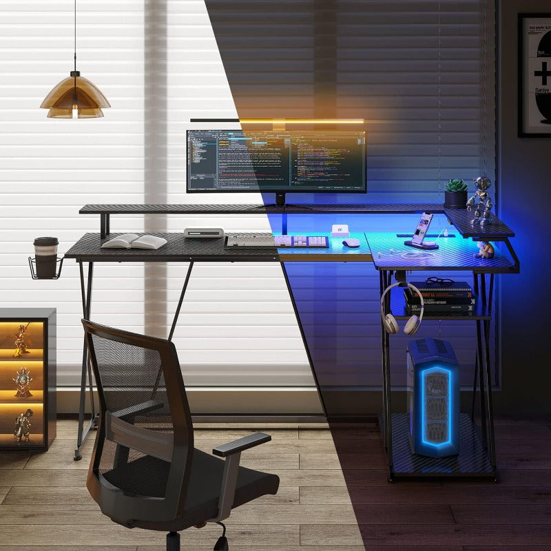 L Shaped Gaming Desk with LED Lights & Power Outlets, 63 Reversible Corner Desk with Storage Shelf, Computer Desk with Monitor Stand, Gaming Table with Cup Holder, with Hooks, Black
