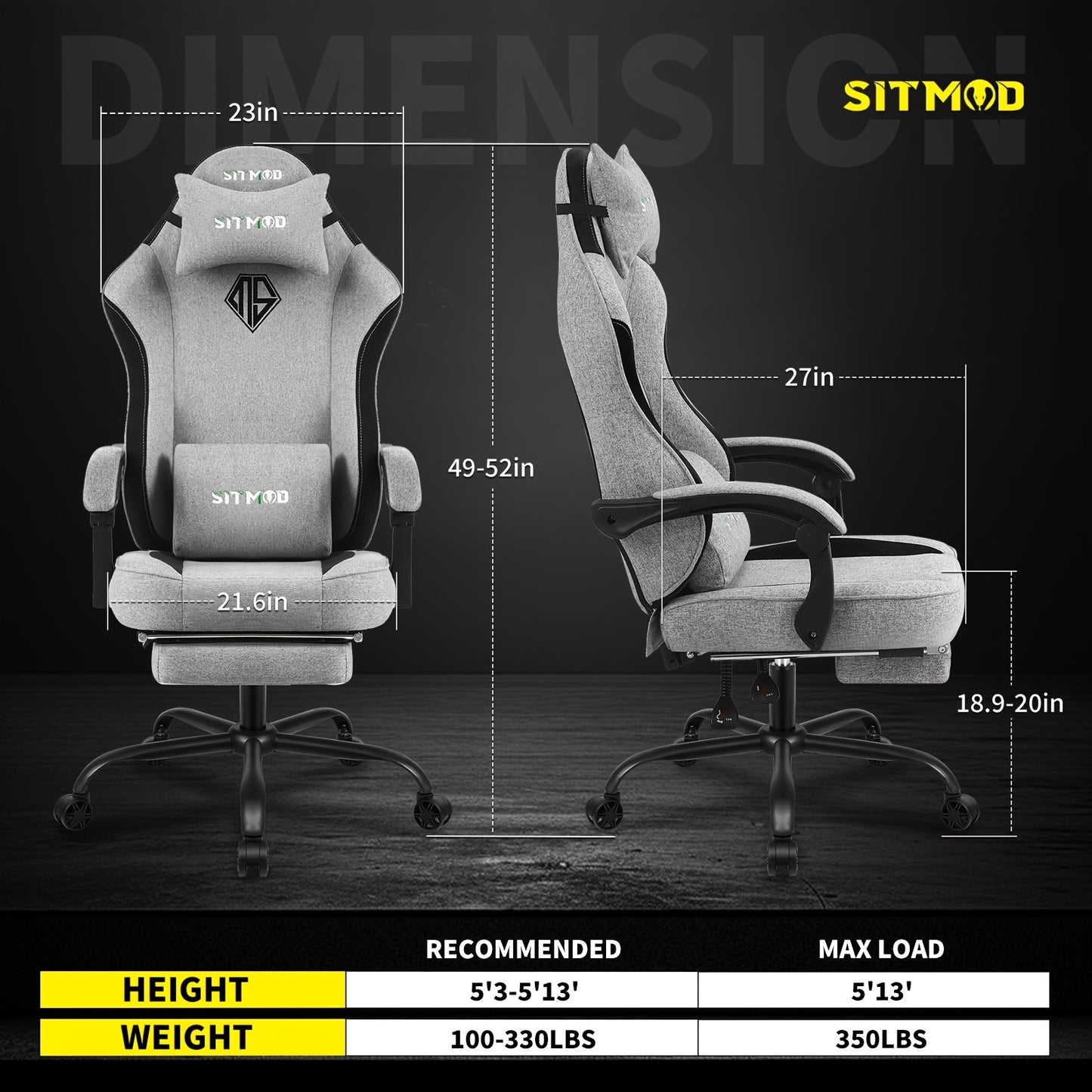 SITMOD Gaming Chairs For Adults With Footrest-Computer Ergonomic Video Game Chair-Backrest And Seat Height Adjustable Swivel Task Chair With Headrest And Lumbar Support Fabric