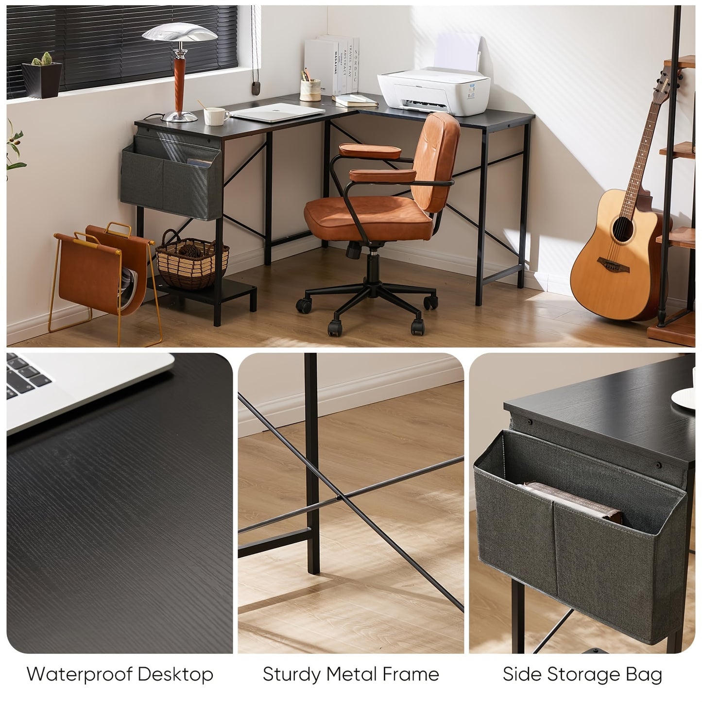 L Shaped Computer Desk - Gaming Table Corner Desk 50 Inch PC Writing Black Desk Study Desks with Wooden Desktop CPU Stand Side Bag Reversible for Home Office Dorm Small Space