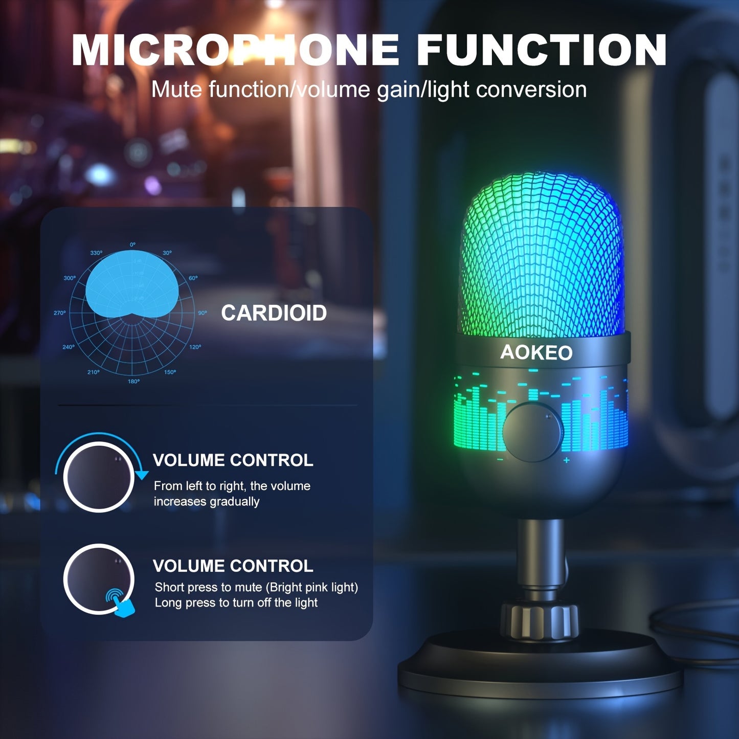 AOKEO Premium USB Gaming Microphone - Ideal for Live Streaming, Podcasting & Recording | Compatible with Mac/PS4/PS5 | RGB Lighting, One-Click Mute, Noise Reduction, Headphone Jack