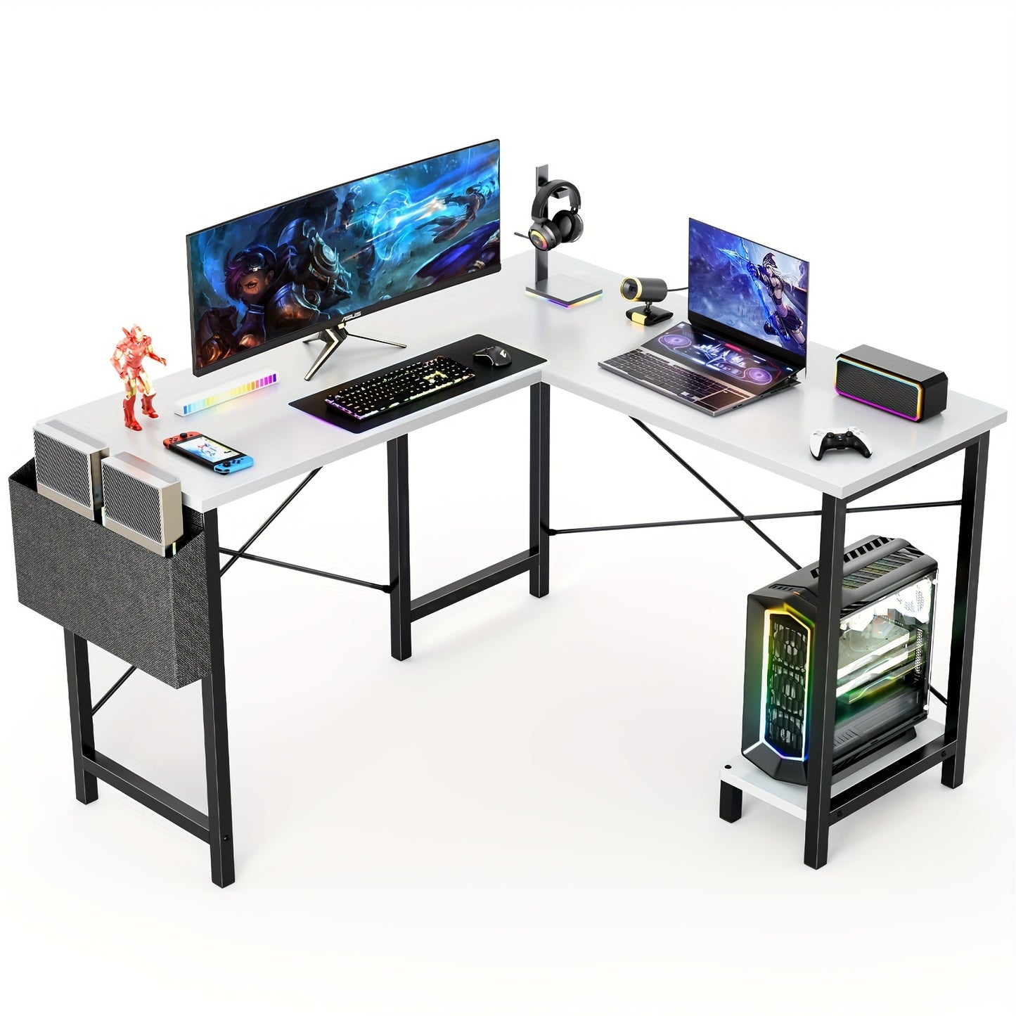 L Shaped Computer Desk - Gaming Table Corner Desk 50 Inch PC Writing Black Desk Study Desks with Wooden Desktop CPU Stand Side Bag Reversible for Home Office Dorm Small Space